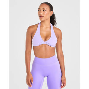 Sujetador deportivo de cuello Halter púrpura pastel con escote en V envolvente detalle de espalda abierta y Sujetador deportivo de alto impacto para mujeres adultas - Product Image 3