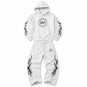 <b>White</b> Flame Print 100% Cotton Drawstring Tracksuit Pullover Hoodie <b>Jogger</b> Pants Two Piece Streetwear Set Custom Logo Winter Wear - Product Image 1