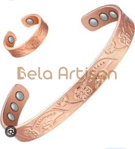Bracelet en cuivre Manchette large antique avec beau design et fermoir magnétique Bela Artisan - Product Image 3