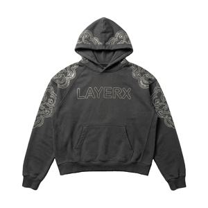 Sweat à capuche brodé pour homme en gros 2026, coton 500 g/m², molleton français, strass, coupe ample, style vintage délavé - Product Image 1