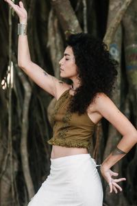 Tribal 'Cacao' <b>Crop</b> <b>Top</b> 100% Cotton Hand Block Printed Halter Collar Knitted Casual Short Length with <b>Fringes</b> - Product Image 2