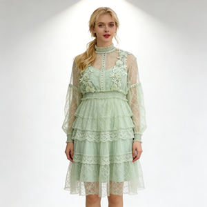 2026 Customizable Lavender Mesh Dress with Floral Lace Elegant High Neck Long Sleeve Cocktail Party Dress for Women - Product Image 5