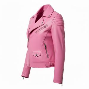 Chaqueta de Motociclista de Cuero Rosa Claro para Mujer, Personalizada, al por Mayor, Precio de Fábrica, Estilo Motero Genuino, Ropa de Moda Femenina, Chaqueta OEM - Product Image 4