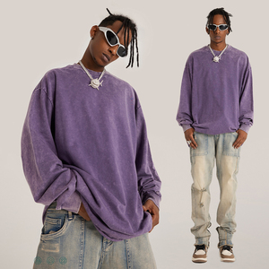 Moda cuello redondo básico Vintage lavado sudaderas 380g hombres desgastados jerséis sueltos - Product Image 3