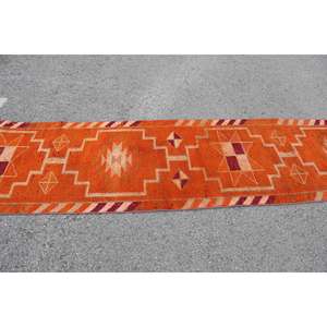 2.6x11.5 ft Vintage Rug, Turkish <b>Runner</b> Rug, Orange <b>Red</b> Check Wool Rug - Product Image 3