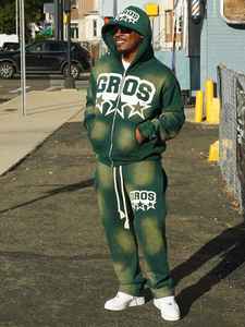 Trajes de sudor de lavado ácido personalizados, chándales con parche bordado con apliques gruesos de algodón, sudaderas con capucha y cremallera desteñidas por el sol, conjuntos de pantalones de chándal para hombres - Product Image 2