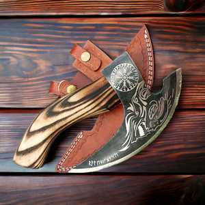 2025 Offre Spéciale Lame en acier au carbone personnalisable Hache à pizza avec manche en bois de rose Hache à pizza et gaine de transport en cuir - Product Image 1