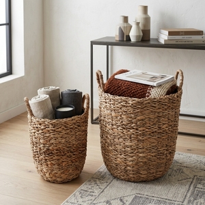 Juego de Cestas de Almacenamiento de Jacinto de Agua Natural y Pasto Marino, Cilindro Alto con Asa en Forma de Arco, Contenedor para Ropa Sucia, Maceta, Decoración Artística para el Hogar - Product Image 5