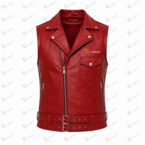 Tiierwear Gilet moto en cuir rouge pour homme avec fermeture éclair et ceinture, vêtement d'extérieur de style motard de couleur unie - Product Image 4
