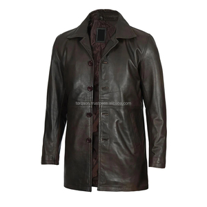 Men's Gothic <b>Black</b> Long Overcoat Durable Genuine Leather Horn Button Breathable Stylish Canvas Lapel Collar Costume Coated - Product Image 4