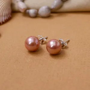 Boucles d'oreilles clous en perles d'eau douce roses pour femmes, argent 925, géométriques classiques, qualité AAA, plaqué argent, certifiées par un tiers, ART - Product Image 1