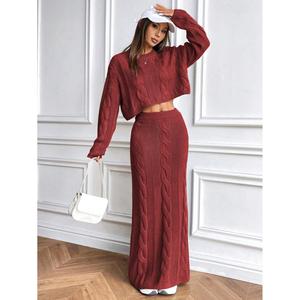 Cropped Cable <b>Knit</b> Sweater <b>Set</b> Women's Red S Long Skirt Matching Outfit - Product Image 3
