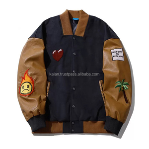 Chaqueta informal Varsity para invierno, ropa de béisbol, cuello levantado, cuerpo de lana negra, chenilla marrón, bordado de trabajo a prueba de viento - Product Image 1