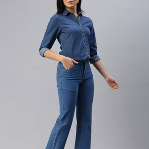 Chemise boutonnée en jean à carreaux décontractée pour femme, couture soignée, ourlet arrondi, respirante, évacuant l'humidité, tissu écologique, confort hivernal - Product Image 4