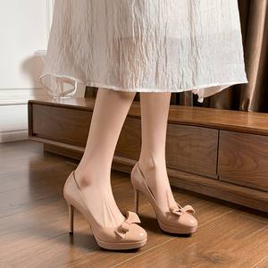 Escarpins à plateforme chic couleur nude avec nœud, élégants, magnifiques et polyvalents, pour tenues habillées ou décontractées, à talon aiguille, pour femmes - Product Image 3