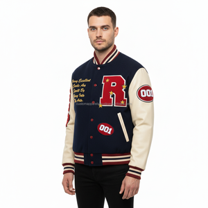 Chaqueta Universitaria Personalizada de Alta Calidad, Cuerpo de Lana, Mangas de Cuero Vacuno Auténtico, Parche de Chenilla, Chaqueta Bomber con Letras Escolares - Product Image 2