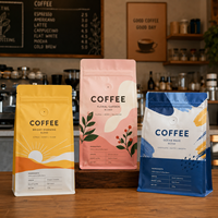 Sacs à café personnalisés imprimés avec valve, en aluminium, fermeture éclair latérale, fond plat, réutilisables, thermoscellés, pour grains de café