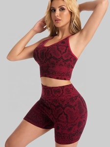 2026 <b>Red</b> Printed Yoga Set High Waist Shorts <b>Crop</b> <b>Top</b> Seamless 2 Piece Halter Neck Sleeveless Spandex Polyester - Product Image 3