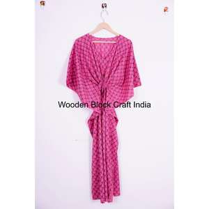 Vestido Kaftán Bohemio Indio 100% Algodón con Encaje Floral y Estampados a Cuadros, Diseño Sencillo - Ropa de Noche de Verano para Mujer, Regalo - Product Image 1