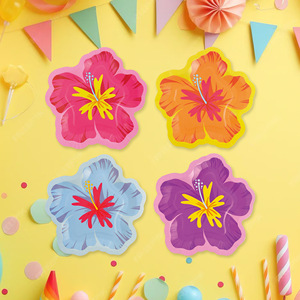 Assiettes en papier jetables à motif de fleurs d'hibiscus, fournitures pour fêtes d'aventure hawaïennes tropicales d'été - Product Image 1