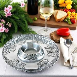 Plateau à croustilles et à trempette en aluminium poli de vente chaude Plateau à collation rond en relief avec bol central inspiré de la nature - Product Image 1