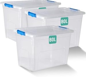 Coleção para Casa: Conjunto de 3 Caixas de Armazenamento Empilháveis de Plástico Brilhante de <span class=keywords><strong>80L</strong></span> com Tampas à Prova de Poeira e Design Moderno para Garagem e Uso Doméstico - Product Image 1