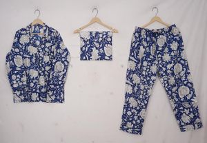 Bleu Floral Main Bloc Imprimé 100% Coton Pyjama Ensemble Romantique Bohème Style Coréen Taille Élastique Simple Vêtements De Nuit Jaipur - Product Image 4