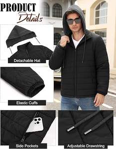 Chaqueta Acolchada Ligera para Hombre, Abrigo Informal de Invierno con Capucha Desmontable, Resistente al Agua, Aislante - Product Image 3