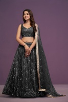 Lehenga choli en georgette fluide et détaillée avec broderie en sequins effet miroir et bordure en dentelle assortie sur le dupatta en tulle