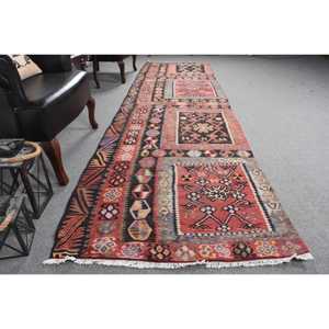 Vintage Rug, 3.2x11.9 ft <b>Runner</b> Turkish Rug, Kilim <b>Red</b> Black Ombr Rug - Product Image 3