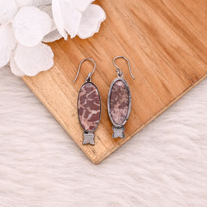 Boucles d'oreilles pendantes Malinga en jaspe bohème, pierre précieuse ovale longue, en laiton fait main avec ruthénium noir, cadeau d'anniversaire pour femme - Product Image 4