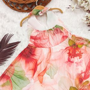 Robe de fête en mousseline de soie sans manches, longueur genou, entièrement cousue, à imprimé floral pêche, pour filles, de la marque Shoryam, pour anniversaire, fête - Product Image 4