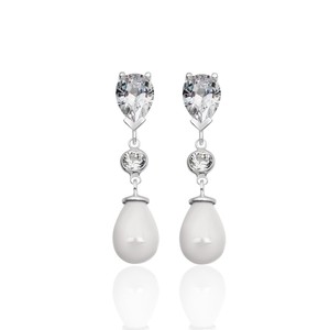 New Arrival Azuris 926 Sterling <b>Silver</b> Drop Zircon Stone and White Shell <b>Pearl</b> Stud <b>Earrings</b> From Turkey - Product Image 2