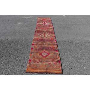 2.4x11.4 ft Herki Turkish Rug, <b>Brown</b> Bordered Vintage Rug <b>Wool</b> - Product Image 1