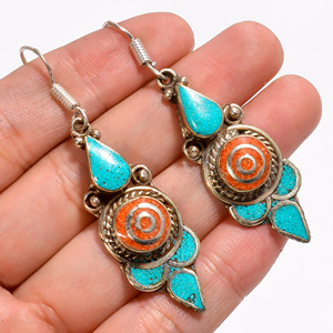 Boucles d'oreilles en pierre Turquoise et corail, bijoux personnalisés en argent tibétain faits à la main, vente en gros - Product Image 3