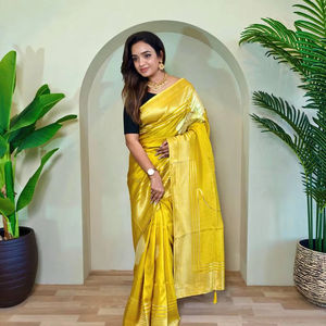 Usine directe en gros élégant jaune Jacquard soie Saree idéal pour les occasions de fête traditionnelles indien pakistanais vêtements pour - Product Image 1