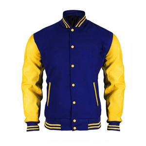 Chaqueta personalizada 2025 para hombre bordada en algodón regular amarillo azul empalme lavado pesado de talla grande chaqueta de béisbol para hombre - Product Image 1