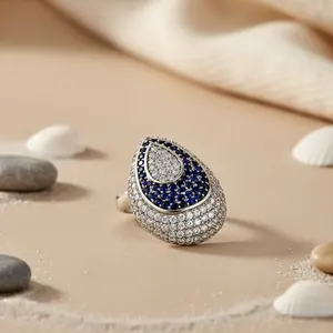 แหวนค็อกเทลเพชรพลอยสีเงินโรแมนติกสำหรับผู้หญิง รูปทรงสี่เหลี่ยมผืนผ้า ลายเรขาคณิต เพชรทรงหยดน้ำสีมรกต ชุบโรเดียม ของขวัญ - Product Image 2