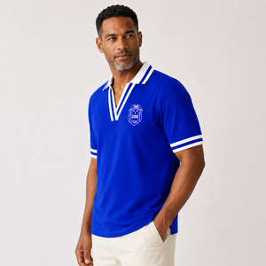 Polo pour homme Zeta Phi Beta, rayures bleues et blanches, col en V, tricot piqué, blason brodé, vêtements grecs personnalisés, vente en gros - Product Image 1