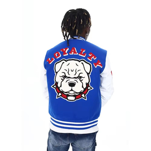 แจ็คเก็ต Bulldog Varsity แจ็คเก็ตสีน้ำเงินตัดสำหรับทุกเพศ, แจ็คเก็ตหนังปักลายสตรีทแวร์แจ็คเก็ตสไตล์เบสบอล - Product Image 1