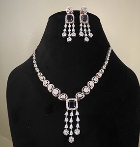 Collier de vrais diamants naturels serti de boucles d'oreilles en pierre bleue 14K 18K or massif rond taille brillante bijoux de fiançailles à la mode - Product Image 1