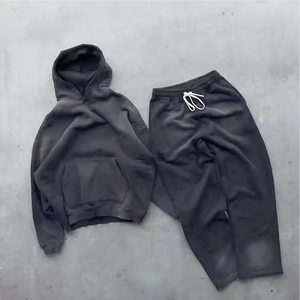 2025 Custom Men's Streetwear Tracksuit Set 2PCS Cotton <b>Flare</b> <b>Sweatpants</b> Hoodie Acid Wash Solid Winter Suitable Sweat Suits - Product Image 2