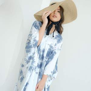 Hot Sale Elegant <b>Blue</b> and White Tie-Dye Maxi Kaftan <b>Dress</b> with Flowing Silhouette <b>for</b> Beach and Resort Wear Handmade Indonesia - Product Image 2