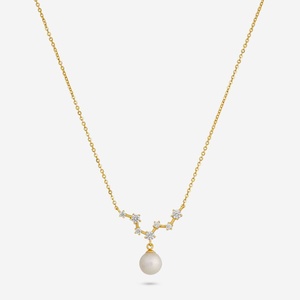 Collier en argent 92,5 rhodié, motif géométrique goutte d'eau et croix, orné de zircon, diamant et perle, couleur or, pour fiançailles, référence 194171 - Product Image 1