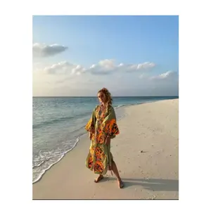 Vestido de praia boêmio de manga longa 100% linho feminino bordado colorido tamanho único estampado personalizado Kaftan férias outono lazer