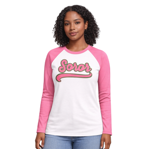 T-shirt d'été écologique à manches courtes et col raglan blanc pour sororité grecque, rose et vert, pour femmes, style universitaire, élégant - Product Image 1