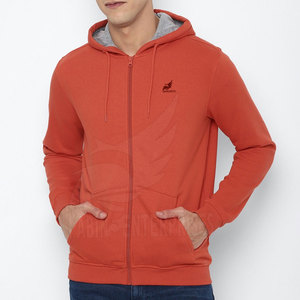 Men's <b>Orange</b> Hooded Pullover Sweatshirt Solid Color Casual Fit Front Logo Pocket Design Regular Sleeve French <b>Terry</b> Fabric - Product Image 1
