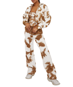 ชุดเซ็ตสตรีทแวร์ผู้หญิงแบบใหม่ คุณภาพสูง ผ้าฝ้าย 100% ทรงขาบานฟอกสี ลุคเท่ๆ - Product Image 3