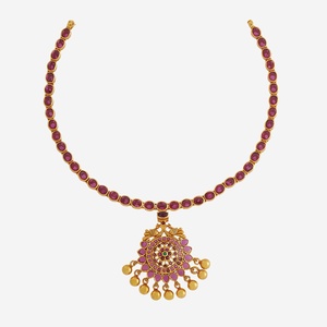 Vintage Silver Temple <b>Necklace</b> 173303 Gold Brass Alloy Beads <b>Ruby</b> Diamond Pearl Number Flower Motif for Wedding Engagement - Product Image 1