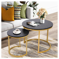Table centrale gigogne ronde contemporaine en deux pièces, ensembles de tables basses à thé en bois avec côtés en métal doré, disponibles à des prix compétitifs
